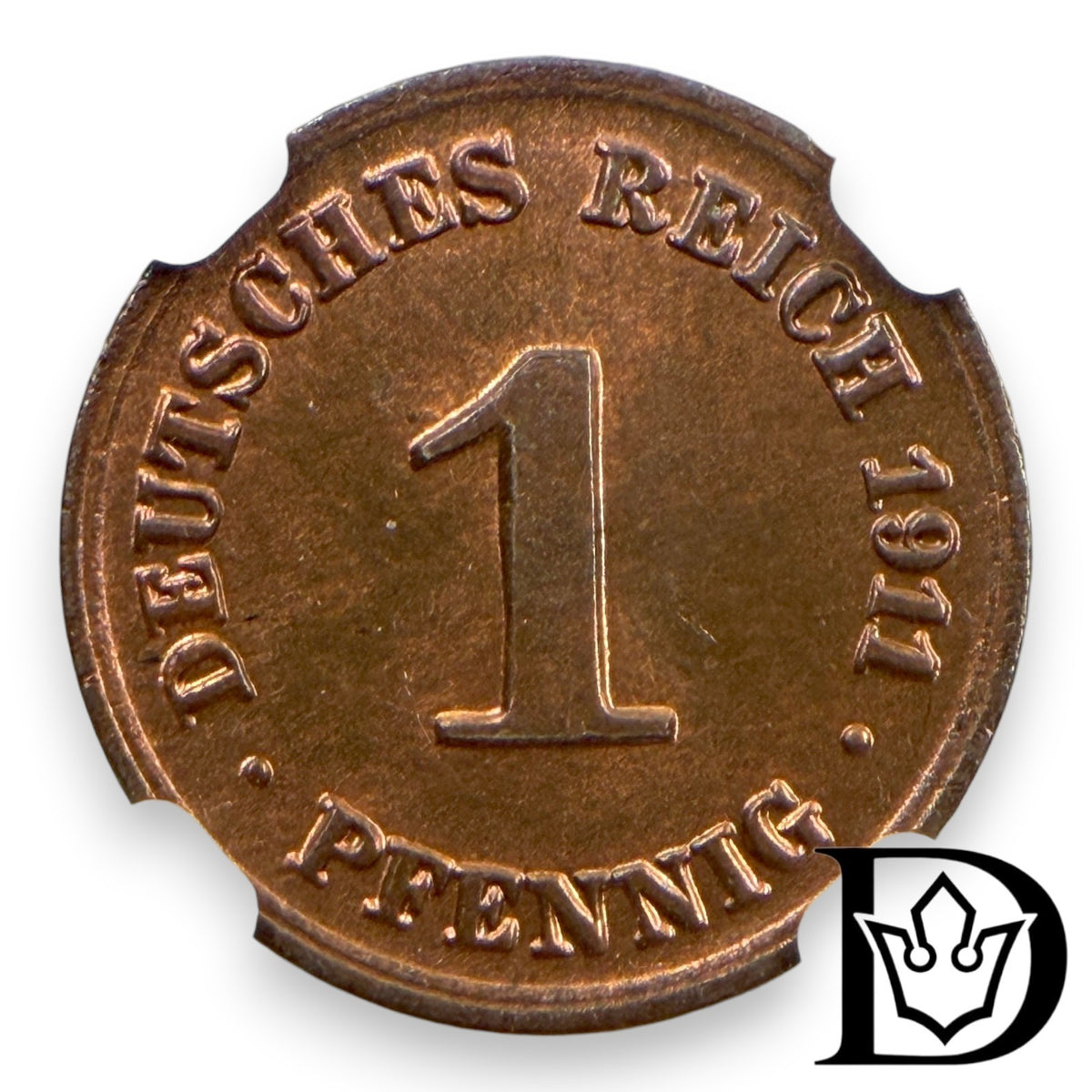 1911 D Germany (German Empire) 1 Pfennig Copper Coin NGC MS 65 RB