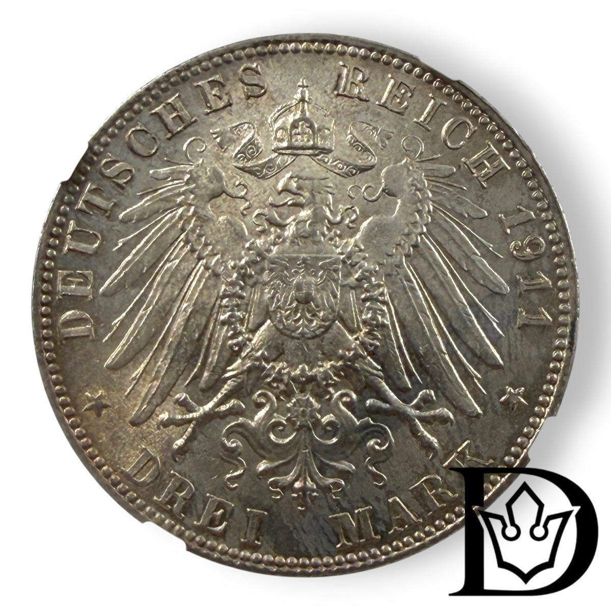 1911 D Bavaria (Germany) 3 Mark Silver Coin NGC MS 62 Prince Regent Luitpold