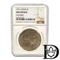1931 Latvia 5 Lati Silver Coin NGC UNC Details