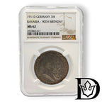 1911 D Bavaria (Germany) 3 Mark Silver Coin NGC MS 62 Prince Regent Luitpold