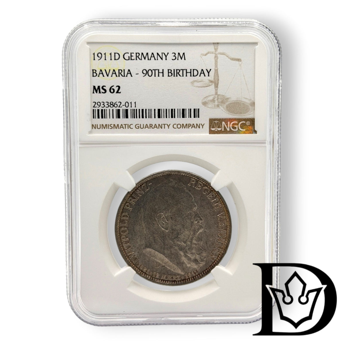1911 D Bavaria (Germany) 3 Mark Silver Coin NGC MS 62 Prince Regent Luitpold