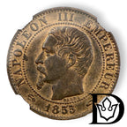 1855 A France 5 Centimes Bronze Coin NGC AU 58