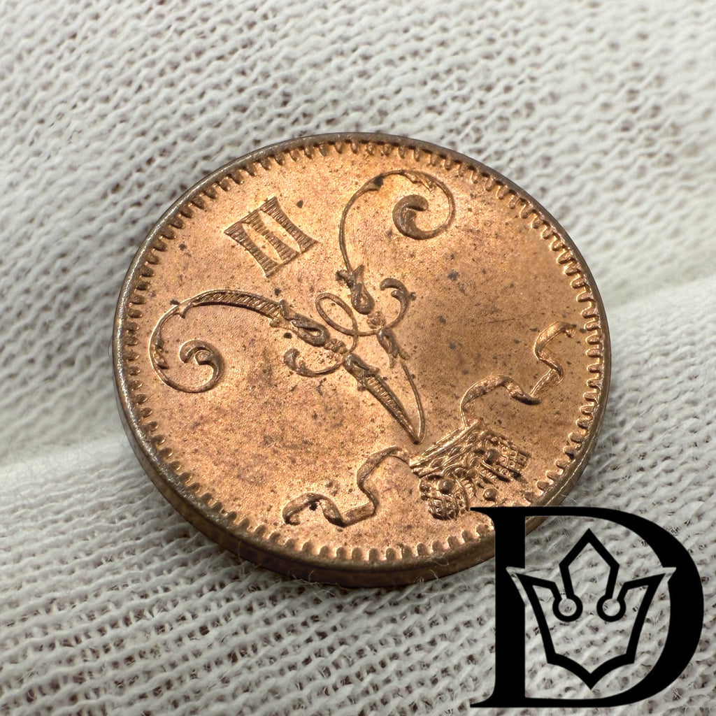 1893 Finland 1 Penni Copper Coin Alexander III