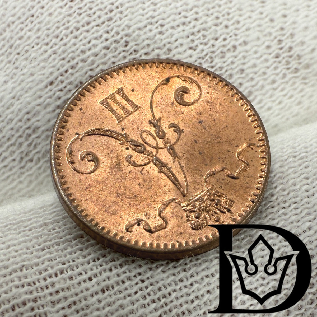 1893 Finland 1 Penni Copper Coin Alexander III