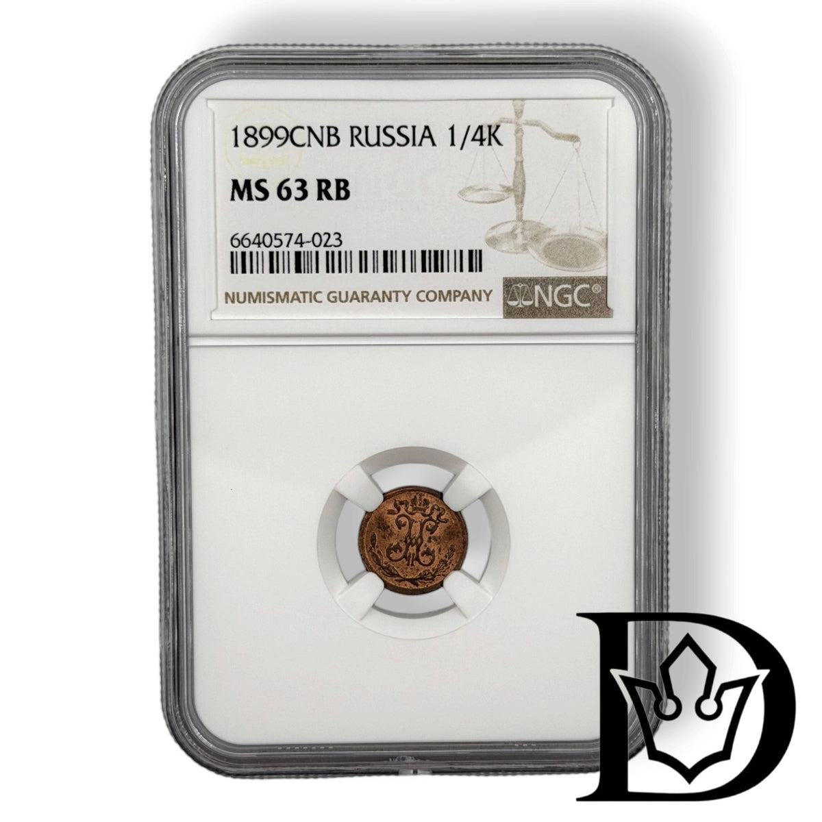 1899 SPB 1/4 Kopek in NGC MS 63 RB holder, certificate label