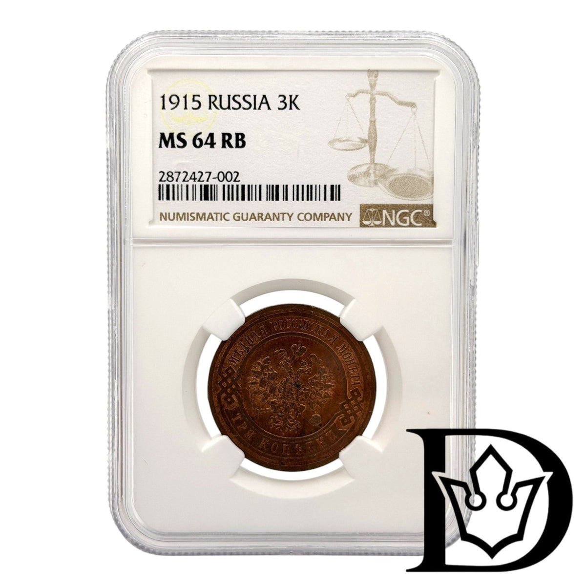 1915 Russia 3 Kopecks Nicholas II Coin NGC MS 64 RB