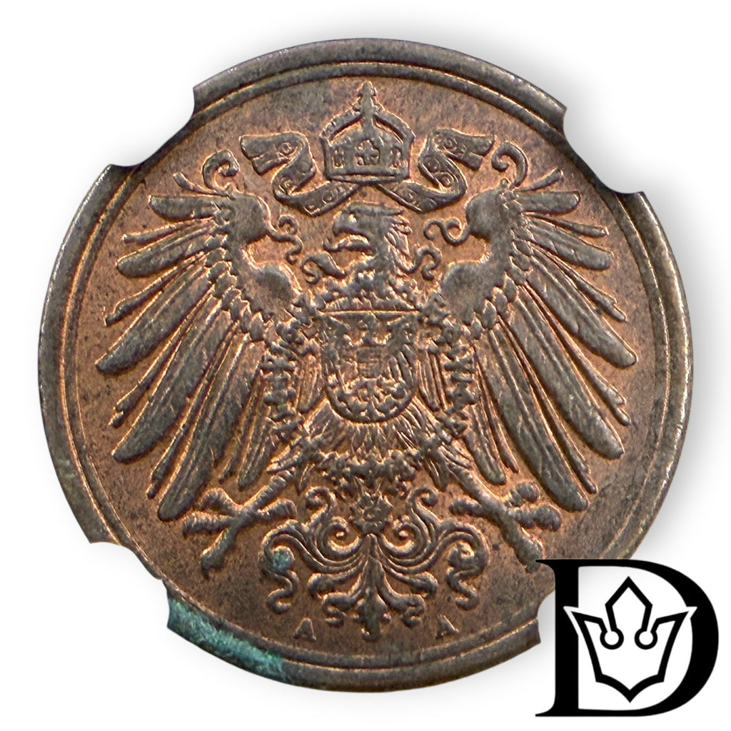 1913 A Germany (German Empire) 1 Pfennig Copper Coin NGC Uncirculated