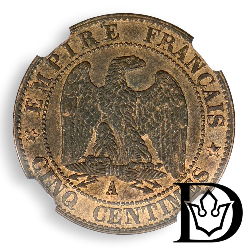 1855 A France 5 Centimes Bronze Coin NGC AU 58