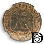 1855 A France 5 Centimes Bronze Coin NGC AU 58