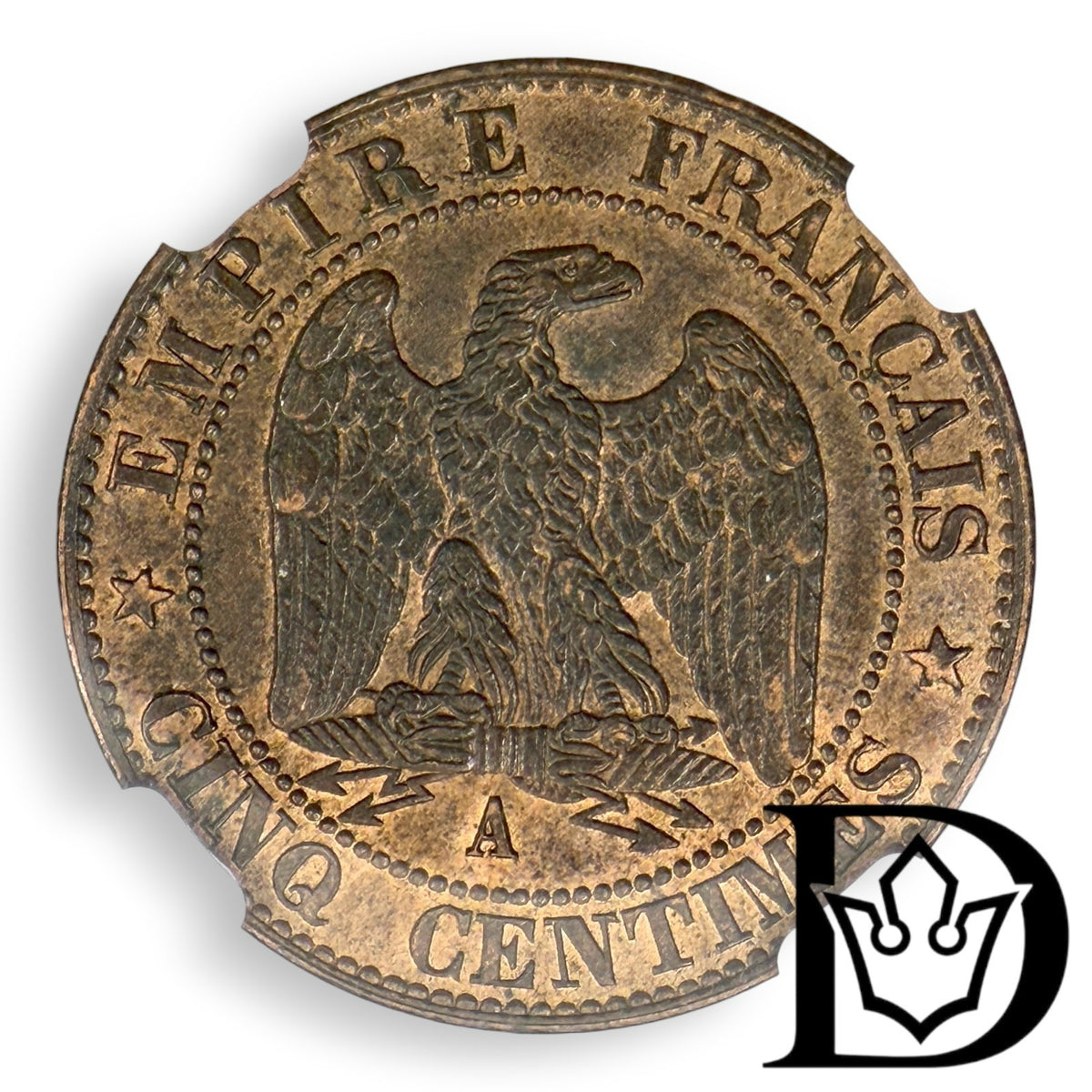 1855 A France 5 Centimes Bronze Coin NGC AU 58