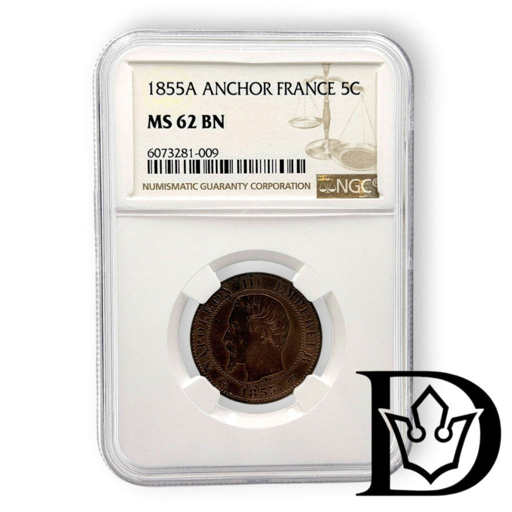 1855 A France 5 Centimes Bronze Coin NGC MS 62