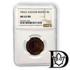 1855 A France 5 Centimes Bronze Coin NGC MS 62