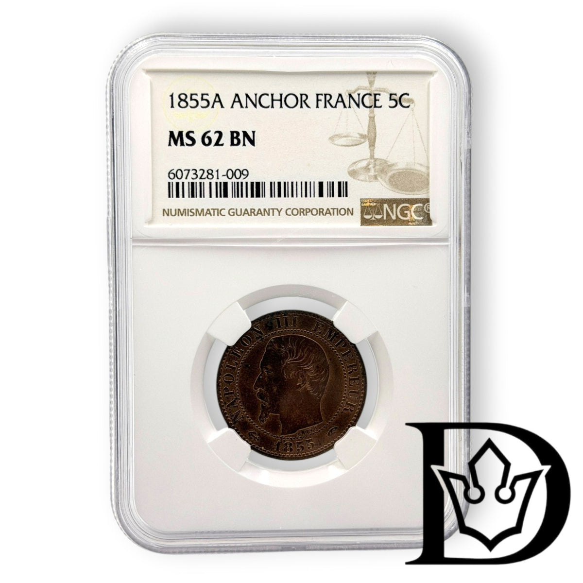 1855 A France 5 Centimes Bronze Coin NGC MS 62