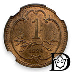 1894 Austria 1 Heller Bronze Coin NGC MS 64 RB