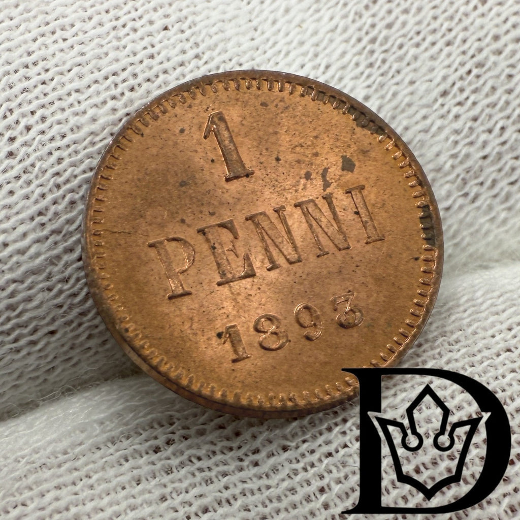 1893 Finland 1 Penni Copper Coin Alexander III