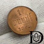 1893 Finland 1 Penni Copper Coin Alexander III