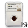 1911 D Germany (German Empire) 1 Pfennig Copper Coin NGC MS 65 RB