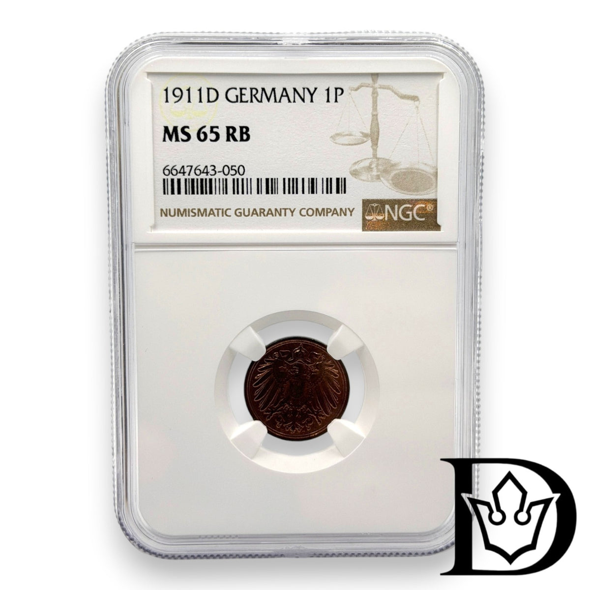 1911 D Germany (German Empire) 1 Pfennig Copper Coin NGC MS 65 RB