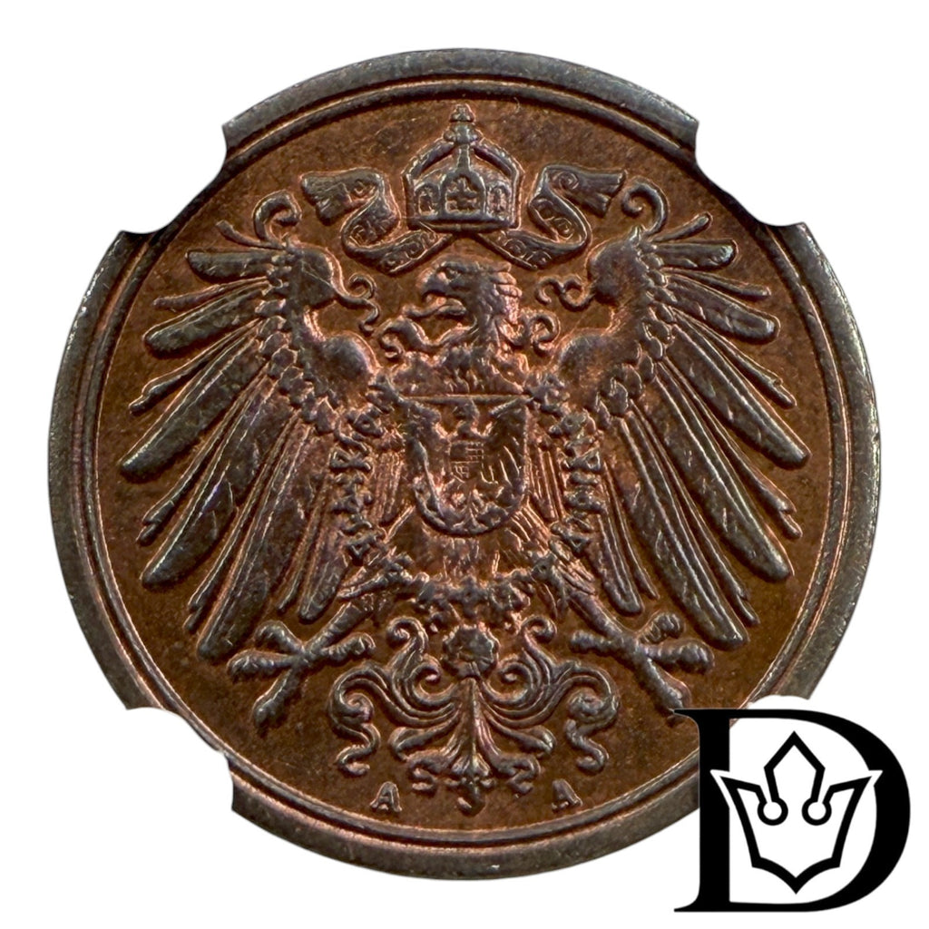 1911 A Germany (German Empire) 1 Pfennig Copper Coin NGC MS 63