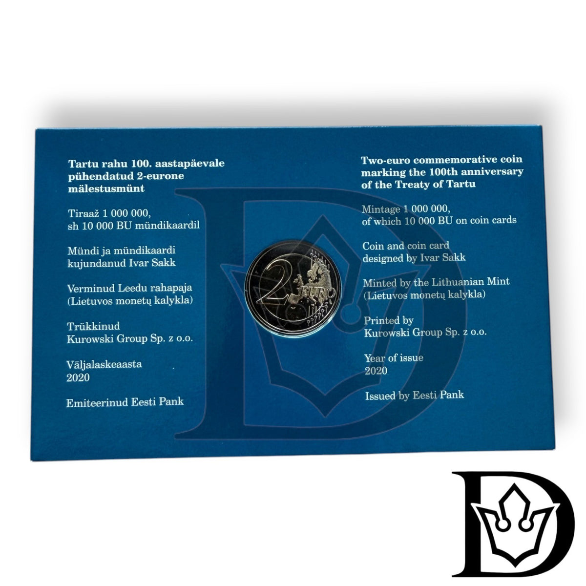 2020 Estonia 2 Euro Treaty of Tartu BU Coincard