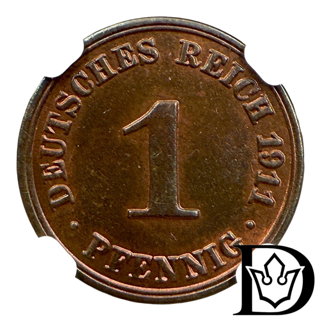 1911 A Germany (German Empire) 1 Pfennig Copper Coin NGC MS 63