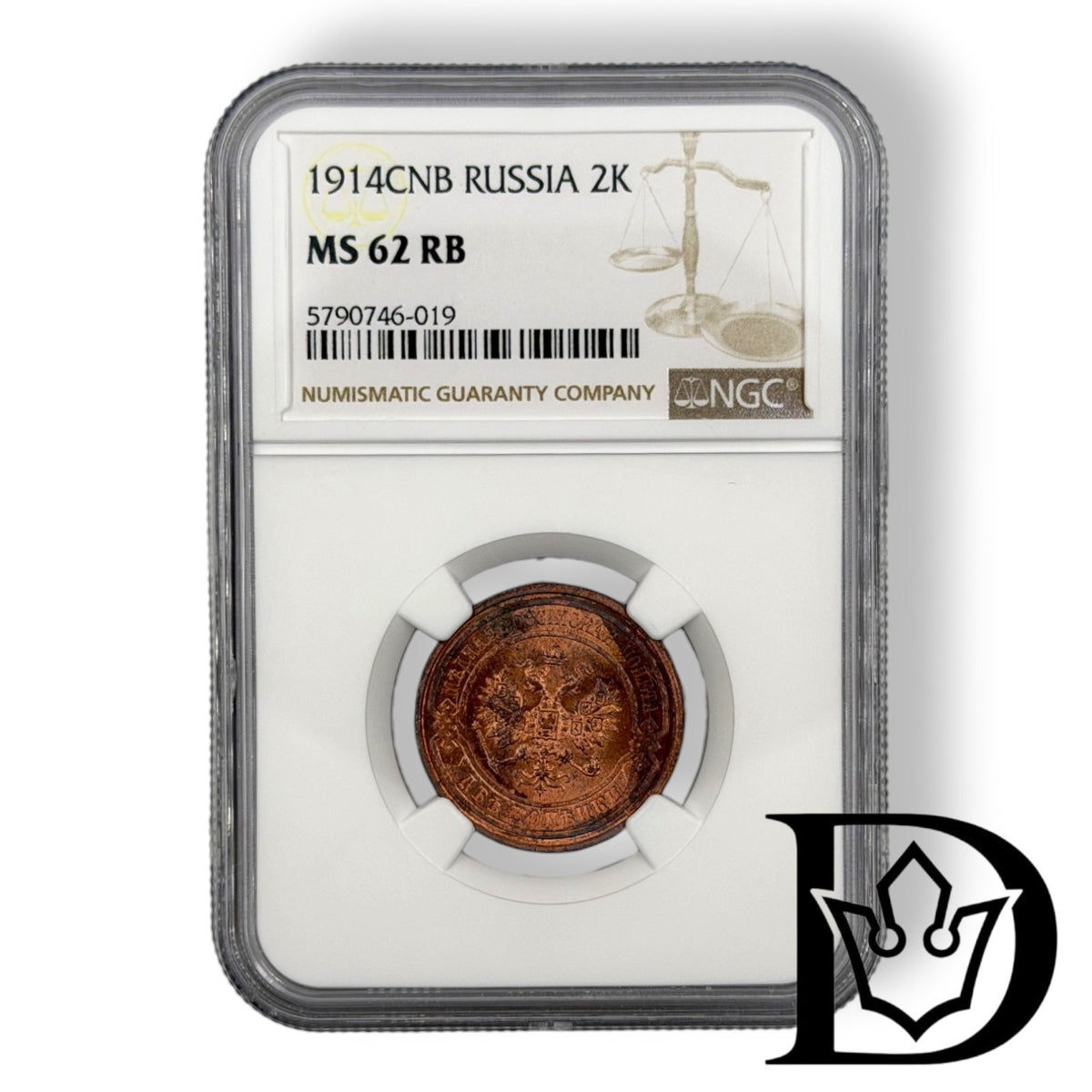 1914 2 Kopecks in NGC MS 62 RB holder, certificate label