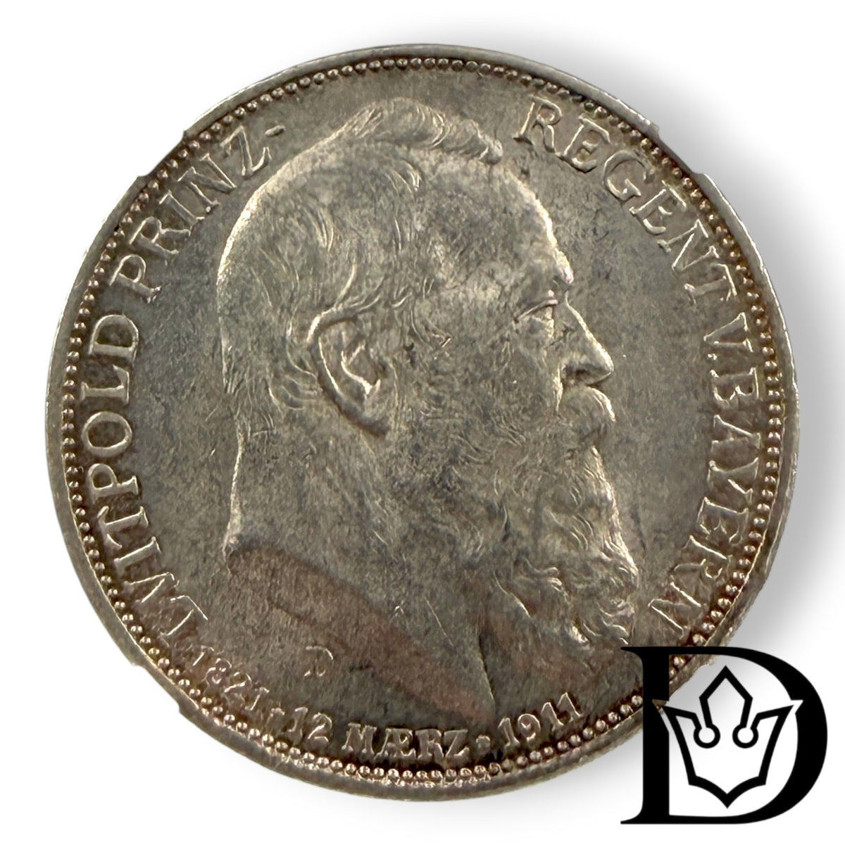 1911 D Bavaria (Germany) 3 Mark Silver Coin NGC MS 62 Prince Regent Luitpold