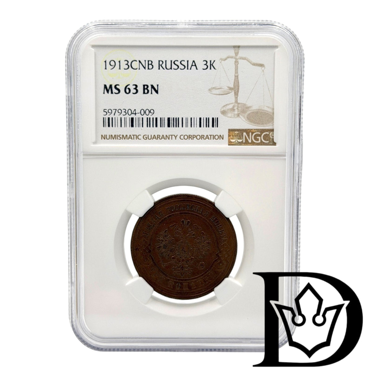 1913 SPB Russia 3 Kopecks Copper Coin NGC MS 63
