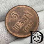 1917 Finland 5 Penniä Copper Coin Nicholas II