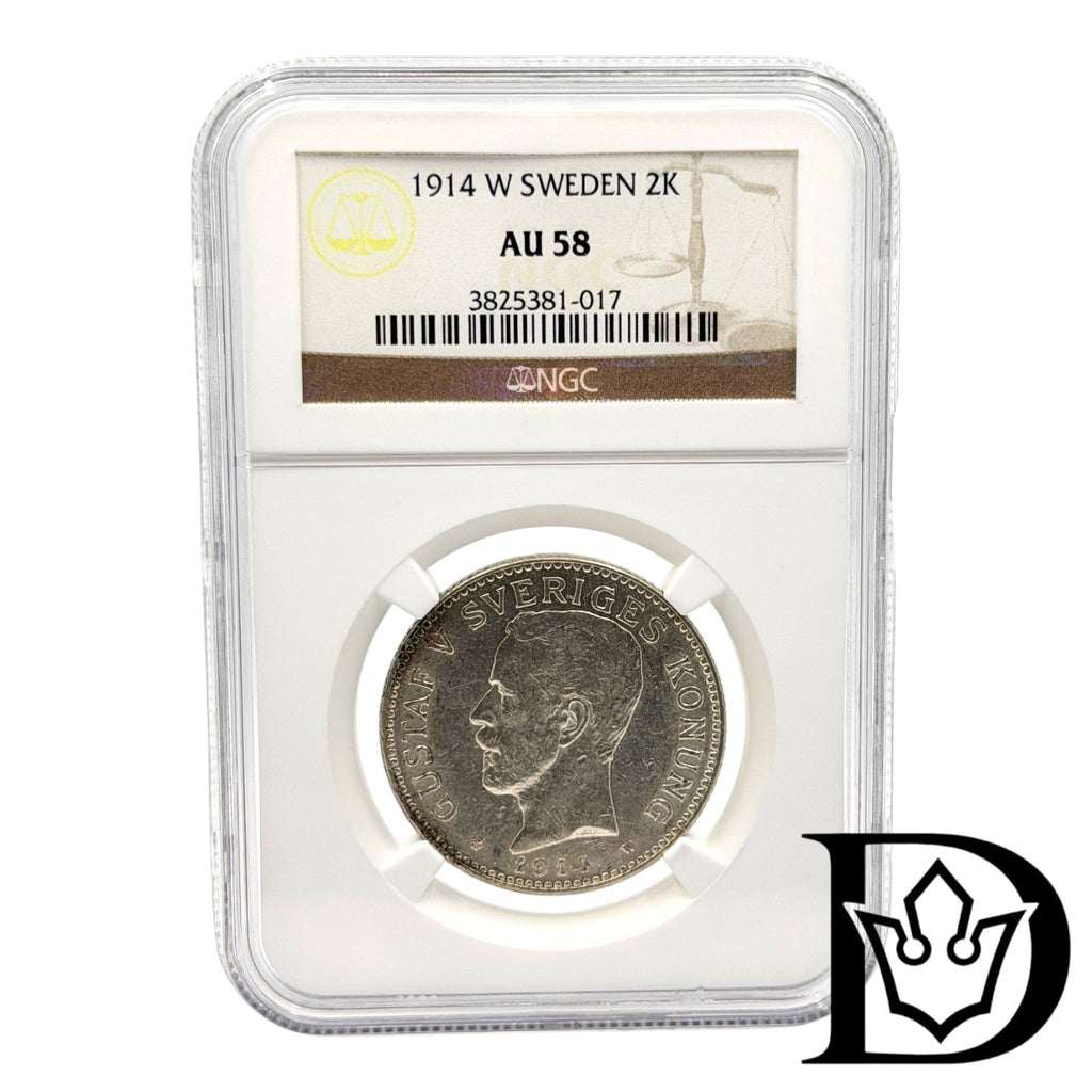 1914 W Sweden 2 Kronor Silver Coin NGC AU 58