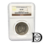 1914 W Sweden 2 Kronor Silver Coin NGC AU 58