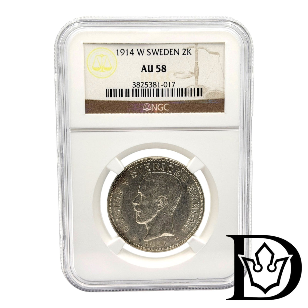 1914 W Sweden 2 Kronor Silver Coin NGC AU 58