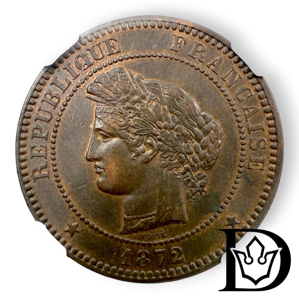 1872 A France 10 Centimes Cérès Bronze Coin NGC AU 58