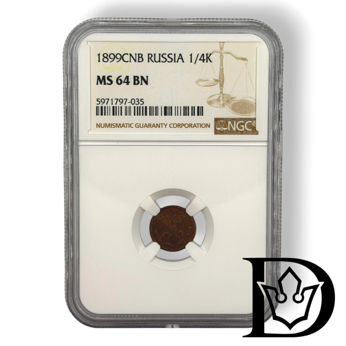 1899 SPB 1/4 Kopek in NGC MS 64 BN holder, certificate label