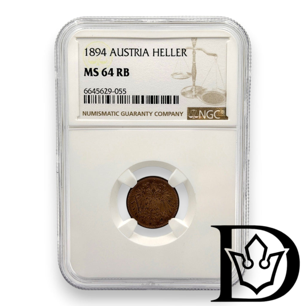 1894 Austria 1 Heller Bronze Coin NGC MS 64 RB