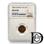 1894 Austria 1 Heller Bronze Coin NGC MS 64 RB