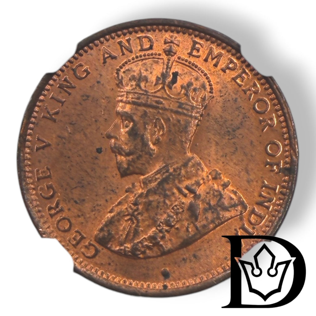1926 Ceylon 1/2 Cent George V Bronze Coin NGC MS 63 RB